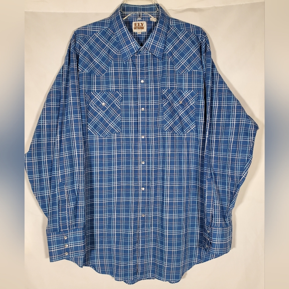 ELY CATTLEMAN BLUE PLAID WESTERN RODEO COWBOY PEARL SNAP L/S SHIRT MENS 2XL XXL